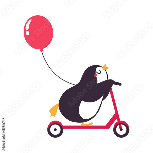 Cute Penguin Character Riding Kick Scooter and Holding Balloon by String Vector Illustration