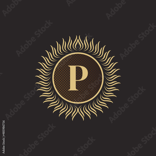 Emblem Letter P Gold Monogram Design. Luxury Volumetric Logo Template. 3D Line Ornament for Business Sign, Badge, Crest, Label, Boutique Brand, Hotel, Restaurant, Heraldic. Vector Illustration