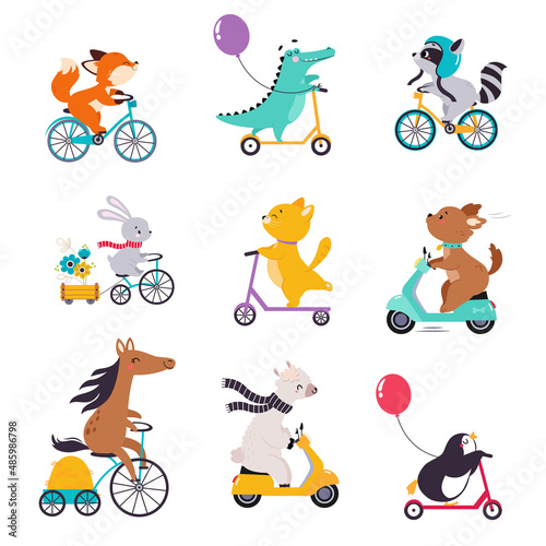 Cute Animal Character Riding Bike and Scooter Vector Set
