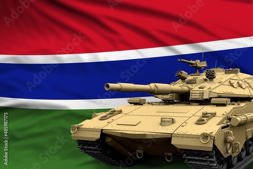 Heavy tank with fictional design on Gambia flag background - modern tank army forces concept, military 3D Illustration