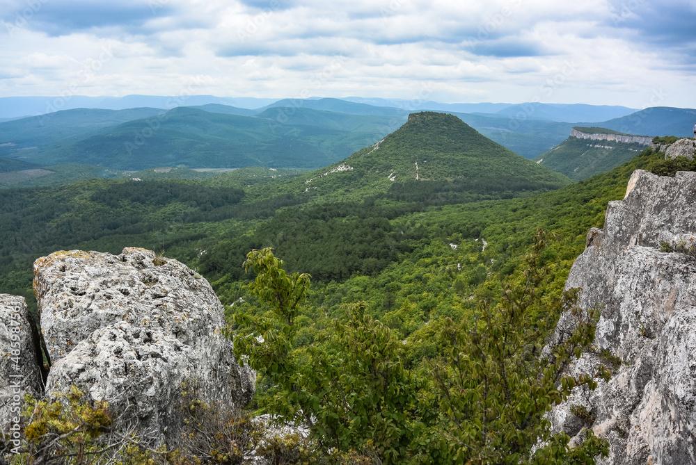 Obraz premium Mountain view from the cave town of Chufut Kale. Crimean mountains. Bakhchisarai. Crimea. Russia.