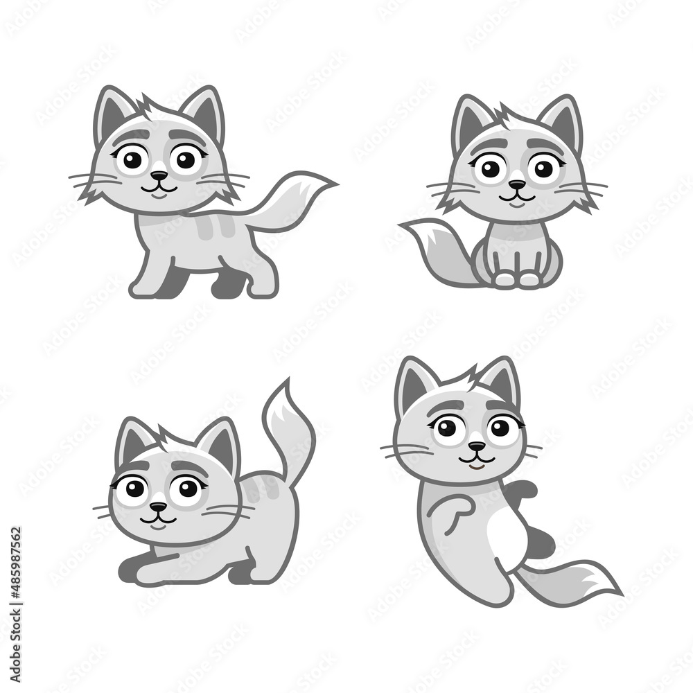 White Cute Cats Set in Different Poses. Vector