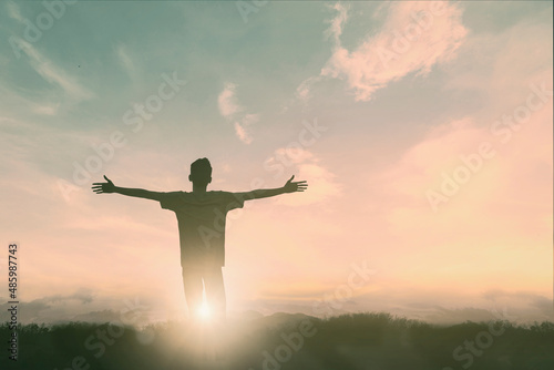 Happy man thinking felling depression energy mission on background. Christian realization pray happy freedom worship praise god. Strength courage self confident good life for yourself concept