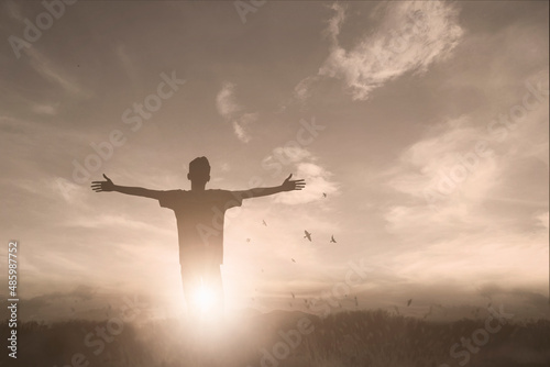 Happy man thinking felling depression energy mission on background. Christian realization pray happy freedom worship praise god. Strength courage self confident good life for yourself concept photo