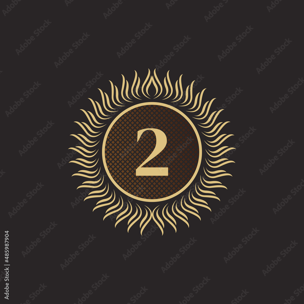 Fototapeta premium Emblem Number 2 Gold Monogram Design. Luxury Volumetric Logo Template. 3D Line Ornament for Business Sign, Badge, Crest, Label, Boutique Brand, Hotel, Restaurant, Heraldic. Vector Illustration