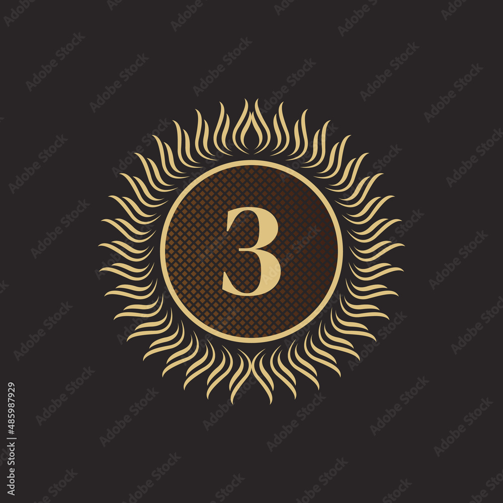 Fototapeta premium Emblem Number 3 Gold Monogram Design. Luxury Volumetric Logo Template. 3D Line Ornament for Business Sign, Badge, Crest, Label, Boutique Brand, Hotel, Restaurant, Heraldic. Vector Illustration