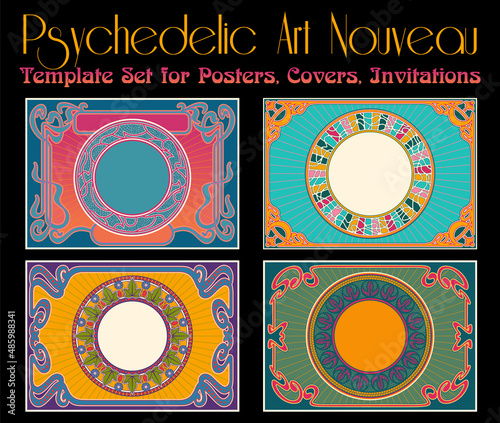Psychedelic Art Nouveau Backgrounds, Borders, 1900s Ornaments, 1960s Psychedelic Colors 