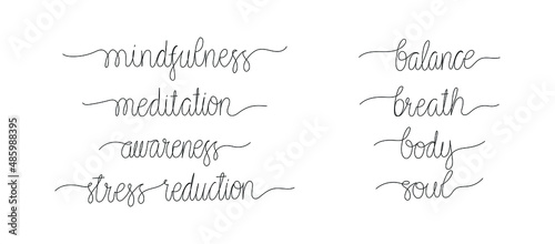 Set of calligraphy about awareness. One continuous cursive mono line words. Hand drawn vector isolated on white background.