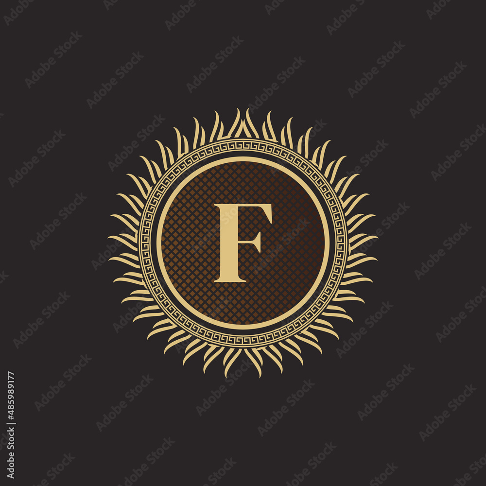 Naklejka premium Emblem Letter F Gold Monogram Design. Luxury Volumetric Logo Template. 3D Line Ornament for Business Sign, Badge, Crest, Label, Boutique Brand, Hotel, Restaurant, Heraldic. Vector Illustration