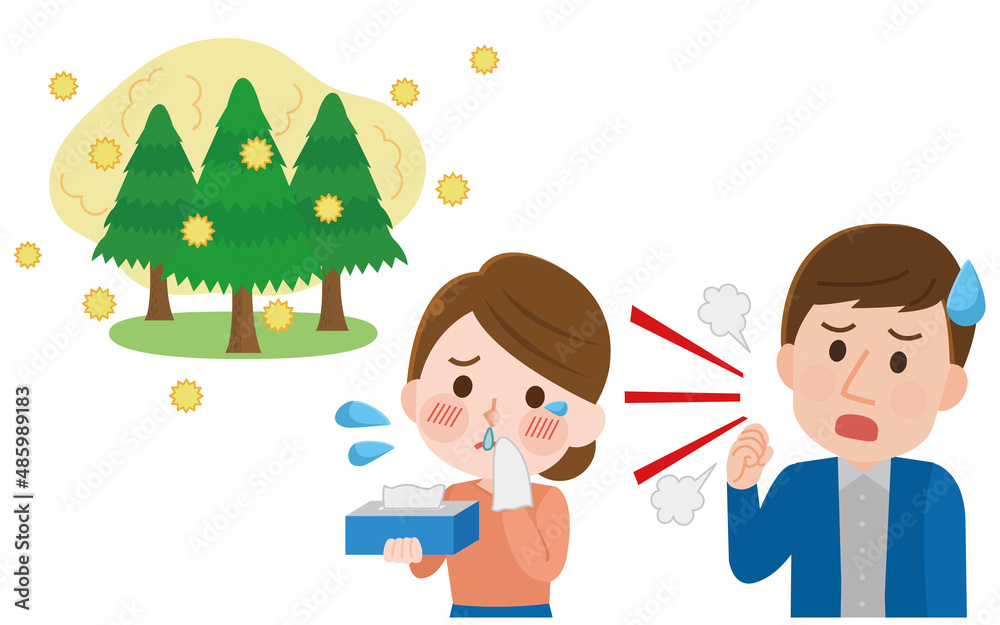 花粉症鼻水や咳が出る症状の男女イラストstock Vector Adobe Stock