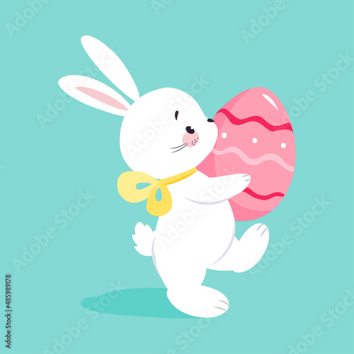 White Easter Bunny Carrying Decorated Egg on Blue Background Vector Illustration