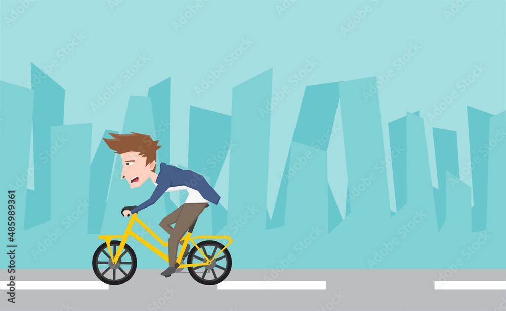 An illustration of a man riding bike  in the city road