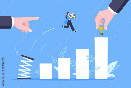 Business mentor helps to improve career with springboard vector illustration. Business person jumps above career ladder graph. Success growth, motivation opportunity, boost career concept.