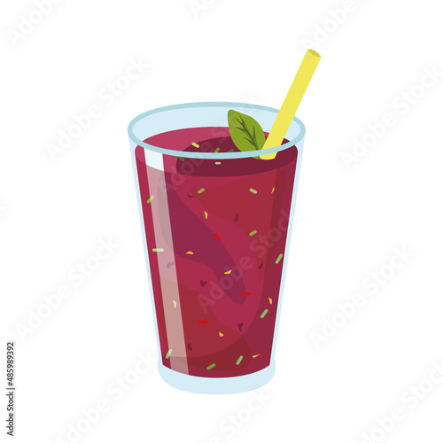 A burgundy glass with juice or a smoothie.