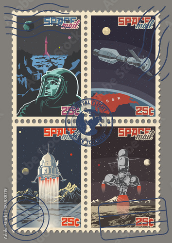 Retro Space Propaganda Postage Stamps, Astronaut, Space Rockets, Planets