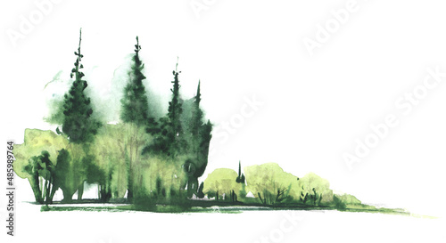 Hand drawn watercolor illustration. group of deciduous coniferous trees. Decorative element. Low green bushes and tall cypress firs. Bottom corner decor. Vignette. Sketch drawing on white background