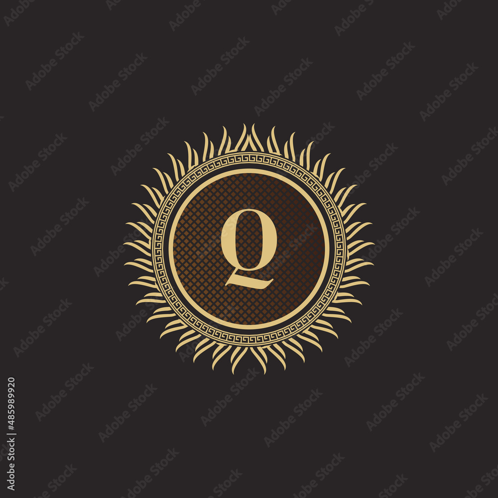 Naklejka premium Emblem Letter Q Gold Monogram Design. Luxury Volumetric Logo Template. 3D Line Ornament for Business Sign, Badge, Crest, Label, Boutique Brand, Hotel, Restaurant, Heraldic. Vector Illustration