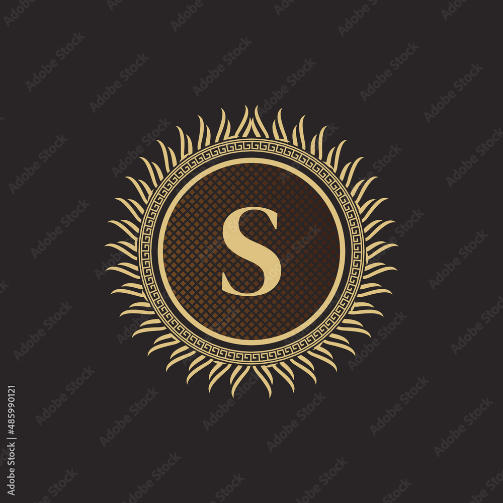 Fototapeta premium Emblem Letter S Gold Monogram Design. Luxury Volumetric Logo Template. 3D Line Ornament for Business Sign, Badge, Crest, Label, Boutique Brand, Hotel, Restaurant, Heraldic. Vector Illustration