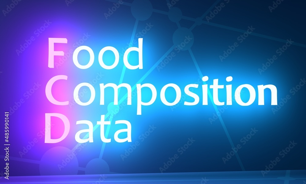 FCD - Food Composition Data acronym. Neon shine text. 3D Render