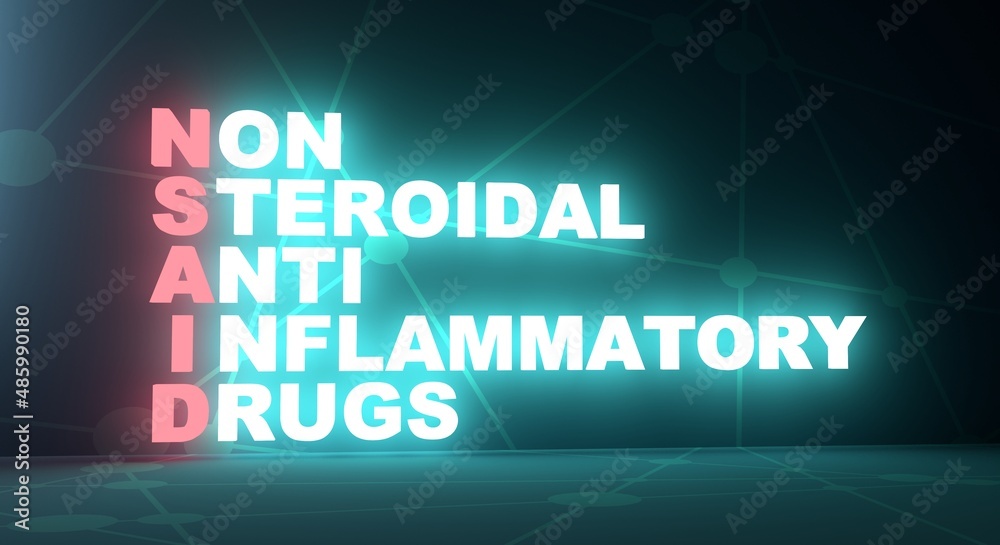 NSAID - nonsteroidal anti-inflammatory drug acronym. Neon shine text. 3D Render NSAID - nonsteroidal anti-inflammatory drug acronym. Neon shine text. 3D Render