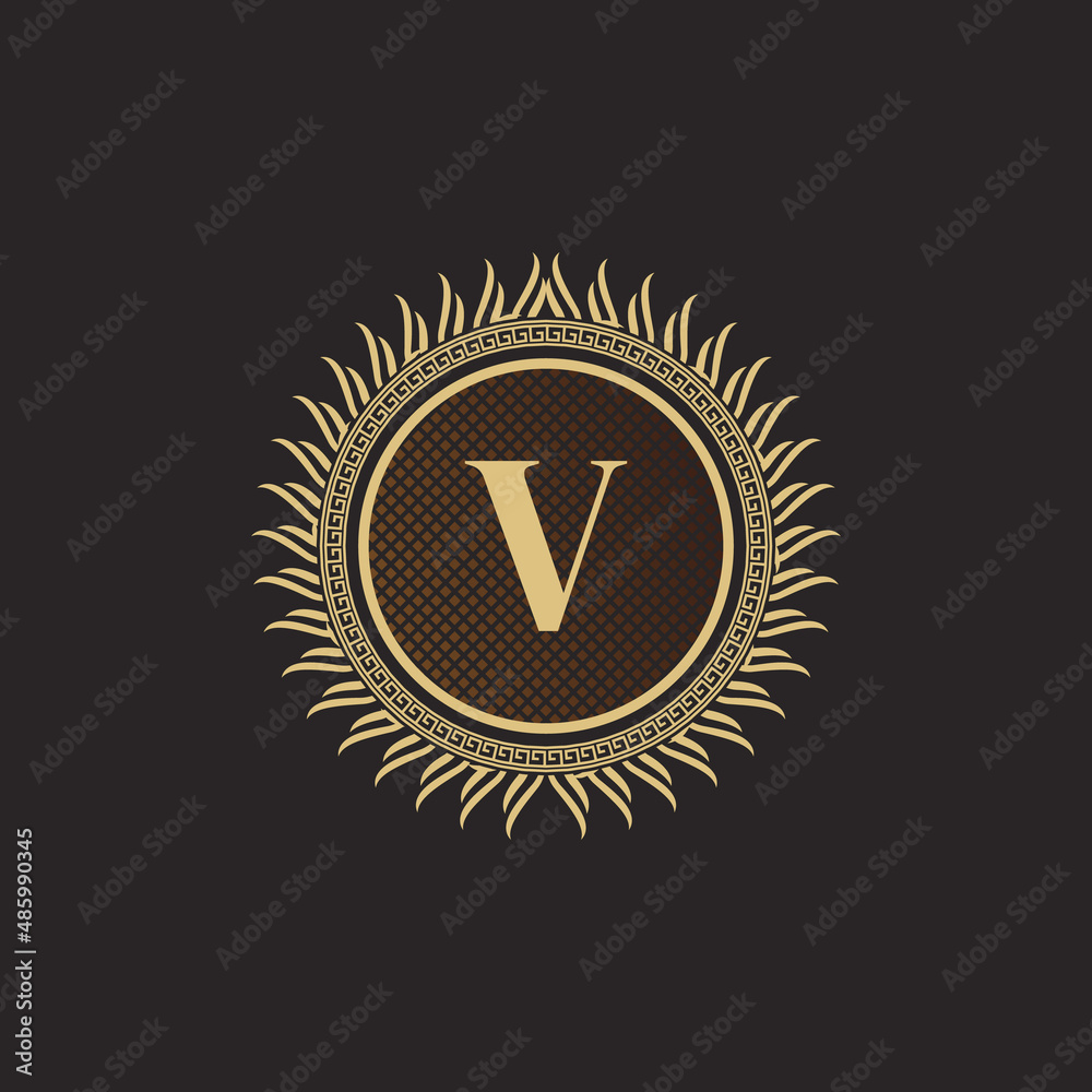 Naklejka premium Emblem Letter V Gold Monogram Design. Luxury Volumetric Logo Template. 3D Line Ornament for Business Sign, Badge, Crest, Label, Boutique Brand, Hotel, Restaurant, Heraldic. Vector Illustration