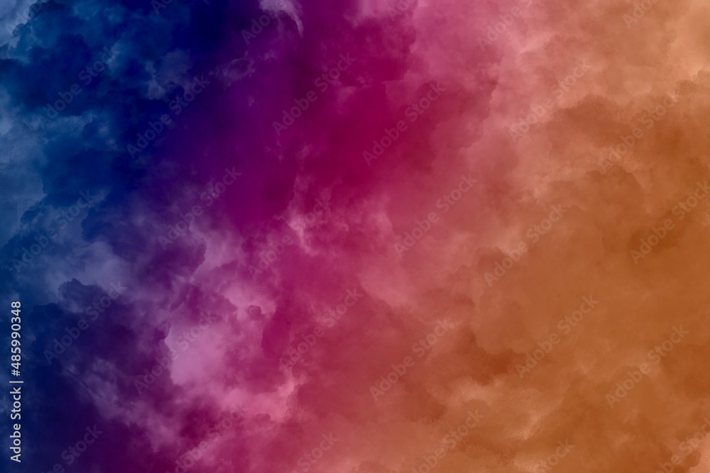 背景イラスト）青とピンクとオレンジのグラデーションの空　雲　抽象的　幻想的　ダーク　カラフル