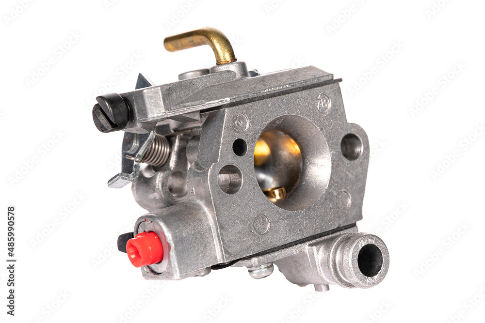 aluminum carburetor assembly for garden equipment on a white isolated background aluminum carburetor assembly for garden equipment on a white isolated background