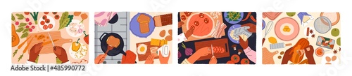 Hands cooking food, top view. Kitchen tables, worktops with cutting boards, ingredients, meals, online recipes. People cook salad, sandwiches, pizza for lunch and dinner. Flat vector illustrations