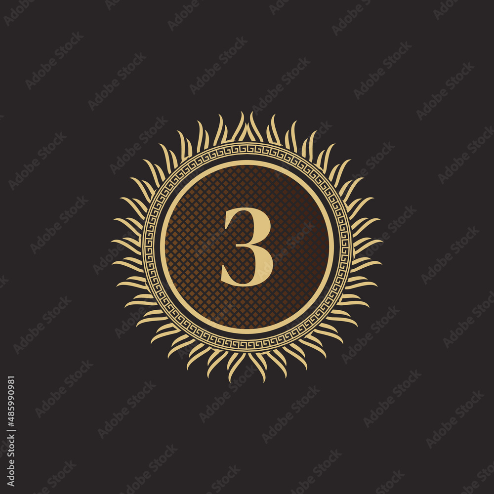 Naklejka premium Emblem Number 3 Gold Monogram Design. Luxury Volumetric Logo Template. 3D Line Ornament for Business Sign, Badge, Crest, Label, Boutique Brand, Hotel, Restaurant, Heraldic. Vector Illustration