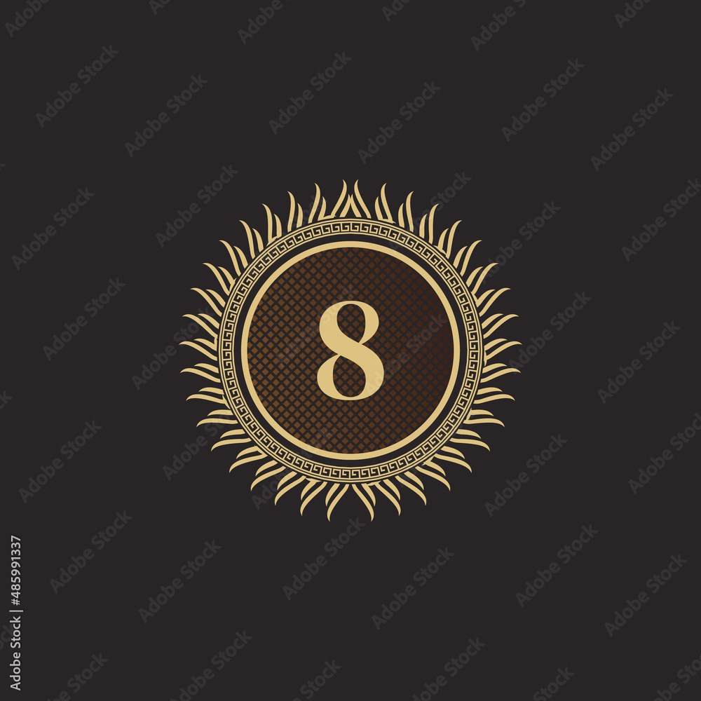 Fototapeta premium Emblem Number 8 Gold Monogram Design. Luxury Volumetric Logo Template. 3D Line Ornament for Business Sign, Badge, Crest, Label, Boutique Brand, Hotel, Restaurant, Heraldic. Vector Illustration