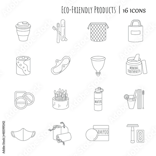 Eco friendly icons set. Eco-mindfulness. Eco-friendly product. Vector editable icons. Isolated objects.