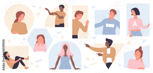 People looking out of window vector illustration. Cartoon children and adults standing inside different geometric shapes, persons peeking with curiosity, waving and greeting with smiles behind walls