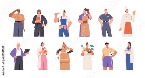 Woman portraits of different jobs, professions, occupations. Female workers, employees set. Women professionals. Athlete, cook, coder, welder. Flat vector illustrations isolated on white background