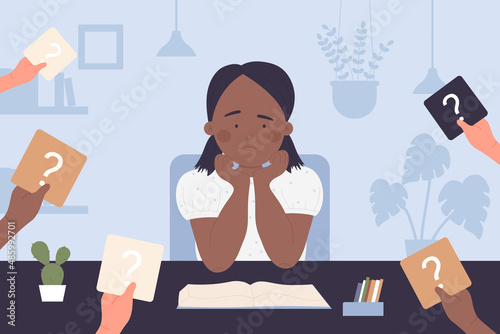 Cute child with learning problem vector illustration. Cartoon confused girl sitting at table with homework, young student in doubt thinking about answer on question. Education troubles concept