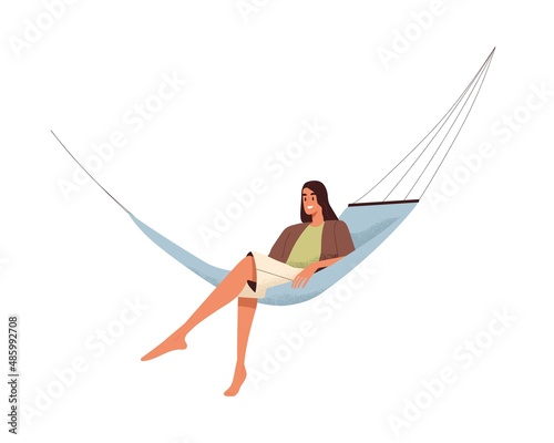 Happy woman relaxing in hammock. Young female resting  lying in comfortable hanging furniture. Carefree person at summer holidays relaxation. Flat vector illustration isolated on white background