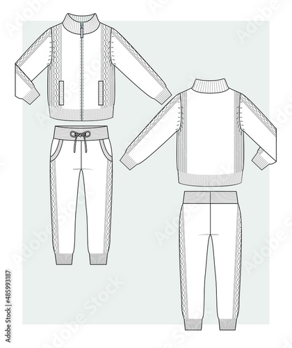 Knitted suit from jacket with zipper and pants with braids. Technical sketch.