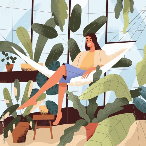 Happy woman relaxing in hammock among potted plants in greenhouse. Person resting in home garden with green houseplants. Female in indoor jungle interior, modern glasshouse. Flat vector illustration