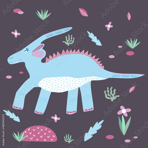 Cute blue dinosaur drawn in children's style with decorative elements. Dino parasaurus for printing on kids things. Trendy vector drawing style photo