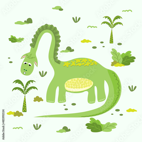 Cute green dinosaur drawn in children's style with decorative elements. Brontosaurus, diplodocus, brachiosaurus for printing on kids things. Trendy vector drawing style