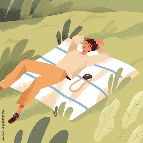Man relaxing in nature alone. Person sleeping on blanket on grass in solitude on summer holidays. Happy travel photographer rests outdoors with camera. Relaxation in silence. Flat vector illustration