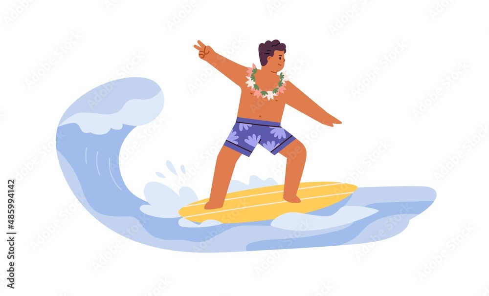 Surfer kid riding surfboard on water wave in sea. Cool boy surfing, standing on surf board on summer holidays. Active child and beach funs. Flat vector illustration isolated on white background Surfer kid riding surfboard on water wave in sea. Cool boy surfing, standing on surf board on summer holidays. Active child and beach funs. Flat vector illustration isolated on white background
