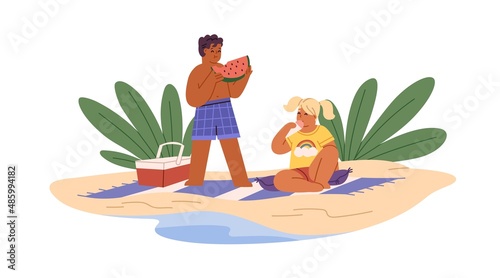 Kids eating on sand beach. Happy children with ice-cream and watermelon on summer holidays. Boy and girl relaxing with sweet food at seaside. Flat vector illustration isolated on white background