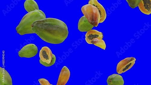 Papaya Falling On Green Blue With Alpha Matte photo