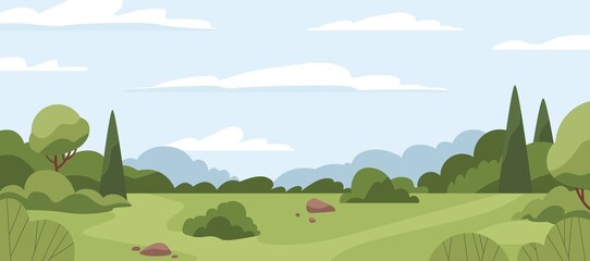 Acrylglasbilder Pistache Countryside landscape with green grass, trees, sky horizon and clouds. Rural summer scenery with grassland, panoramic view. Calm nature panorama. Country environment. Flat vector illustration  © Good Studio