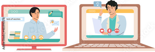 Online doctor conference, consultation via your smartphone. Concept for medical app and websites. Remote meetings of scientists conferring on fight against viruses and scientific researches