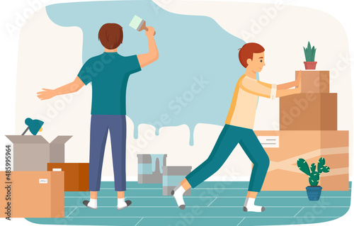 Family moving to new house, people moving to new house, carrying things to apartment, changing place of residence, relocation. Unpacking things after shipping, decorating home. Rental of premises