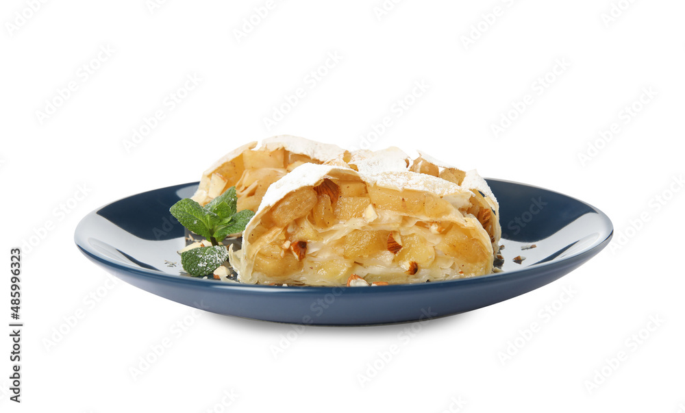 Delicious apple strudel with almonds, powdered sugar and mint on white background