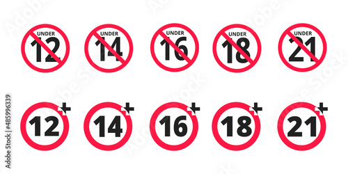 Adults content only age restriction 12, 14, 16, 18, 21 plus years old icon signs set flat style design vector illustration. Sensitive content age plus and adults only concept symbols.