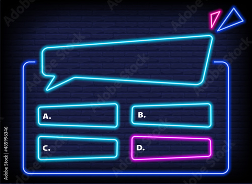 Neon quiz game template. Four options answers for knowledge exam in school, tv show. Vector Illustration 10 eps