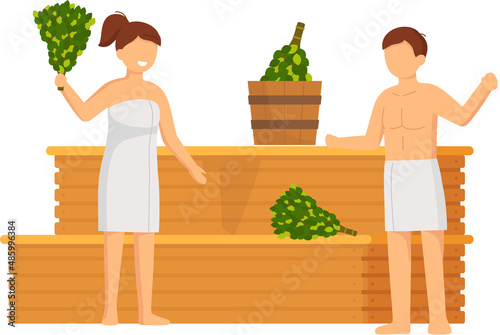 Cartoon people characters taking steam bath together. Flat vector illustration. Woman and man enjoying baths and steam, hammam with sauna whisk. Relax, health, bathhouse concept, wellness procedure